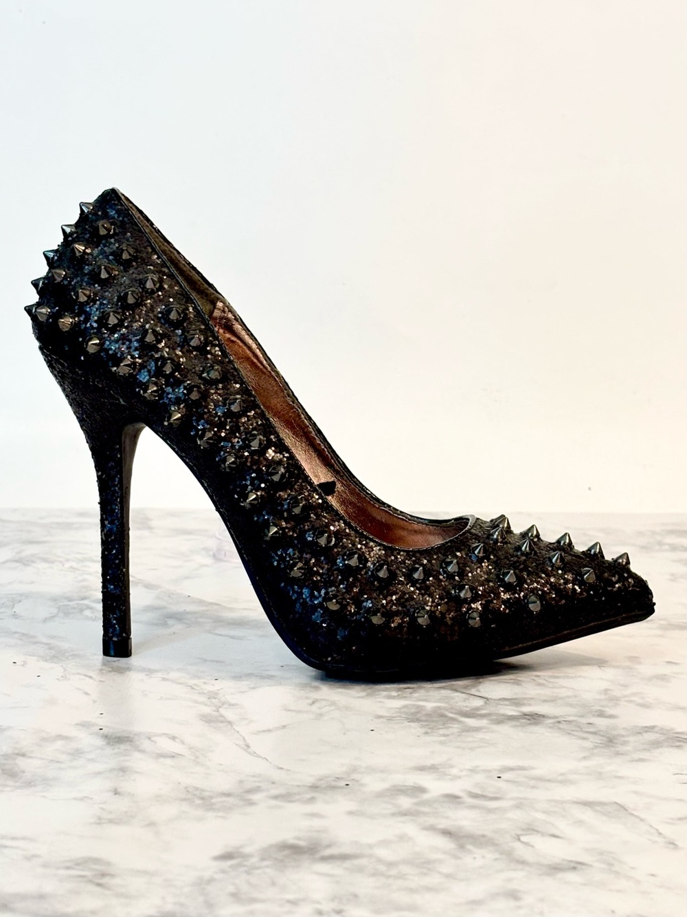Steve Madden Black Studded Glitter Stiletto Heel - Picture 5 of 10